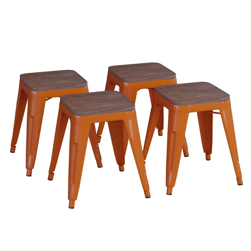 Set of 4 18" Table Height Indoor Stackable Metal Stool with Wood Seat