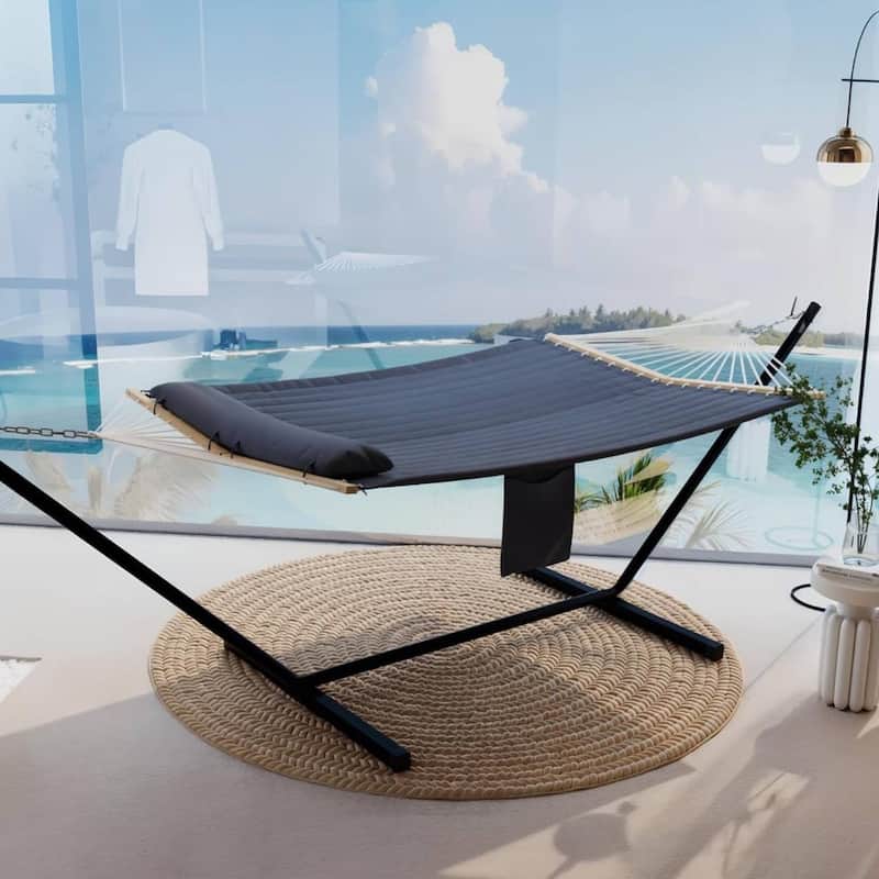 Outdoor 2-Person Hammock with Foldable Steel Stand for Garden - N/A - Dark Grey