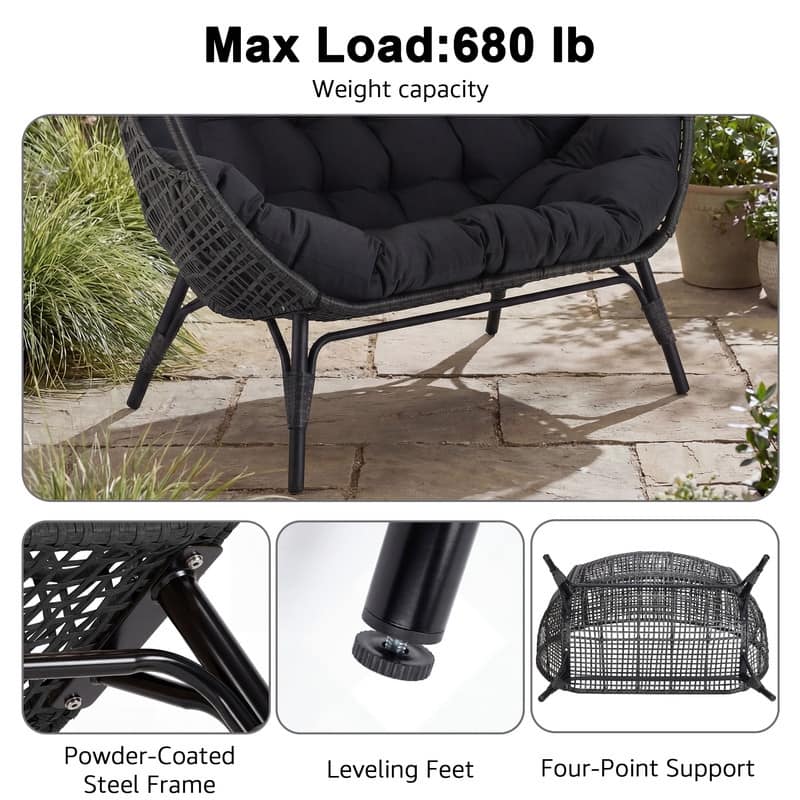 2-Person Wicker Rattan Egg Chair Loveseat, 57.1" Wide, 6.5" Cushion, 680-lb Capacity, Indoor Sunroom Patio