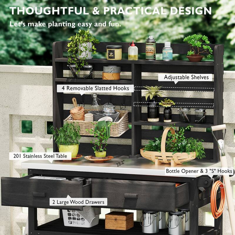 64.9"H Outdoor Potting Table with Lockable Wheels,Solid Wood Kitchen Island with Upper Hutch,Stainless Steel Top,Towel Rack