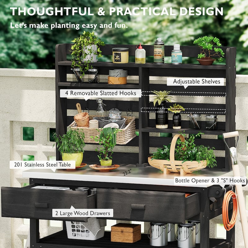 Outdoor Potting Bench Table with Lockable Wheels Solid Wood Kitchen Island and Stainless Steel Top