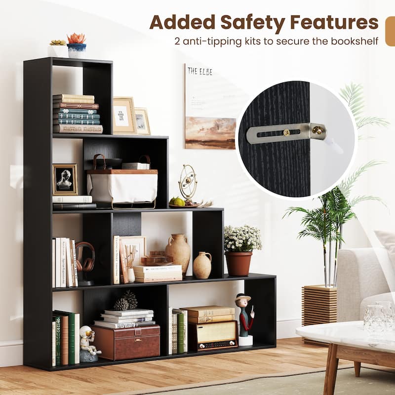 Gymax 4-Tier Bookshelf w/ 6 Storage Cubes 64'' Tall Modern Geometric