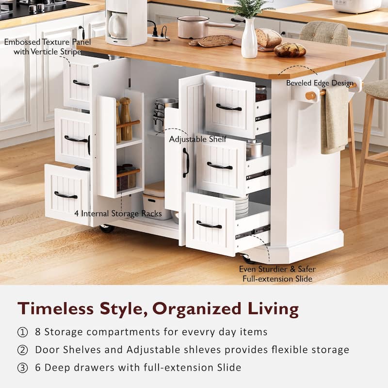 56" Rolling Kitchen Island with Storage Cabinet, Vertical Stripe Mobile Kitchen Cart Island Table with Power Outlet