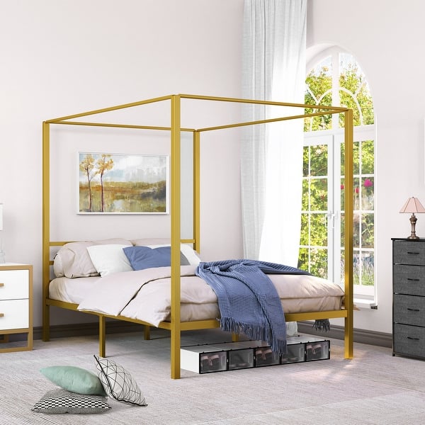 King/Queen Gold Metal Canopy Platform Bed Frame On Sale Bed Bath