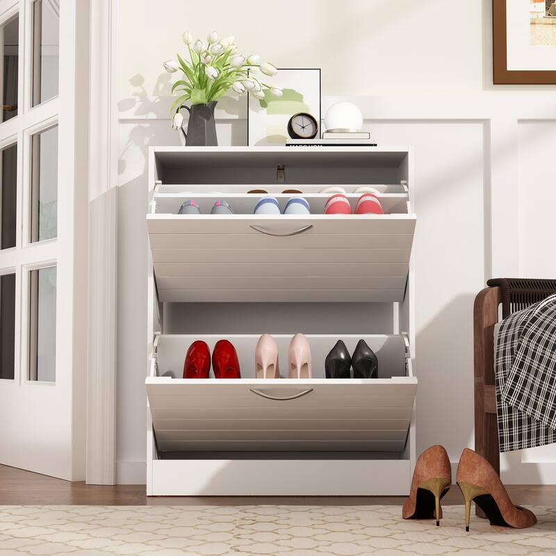 Timechee 8 Pair Shoe Storage Cabinet with 2 Drawers, Wood Louver Door