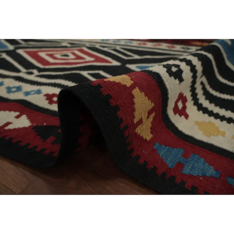 Hand Woven Oriental 100% Wool Carpet Southwestern Tribal Black Kilim Runner Rug - 9' 11'' X 3' 2''