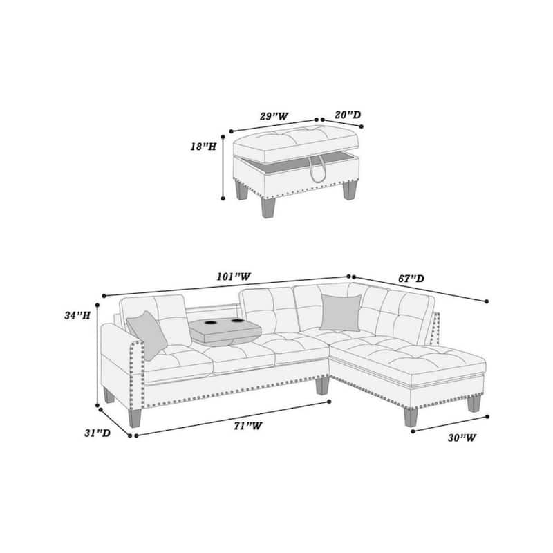 Living Room Furniture 3-PCS Sectional Sofa Set LAF Sofa RAF Chaise And Storage Ottoman