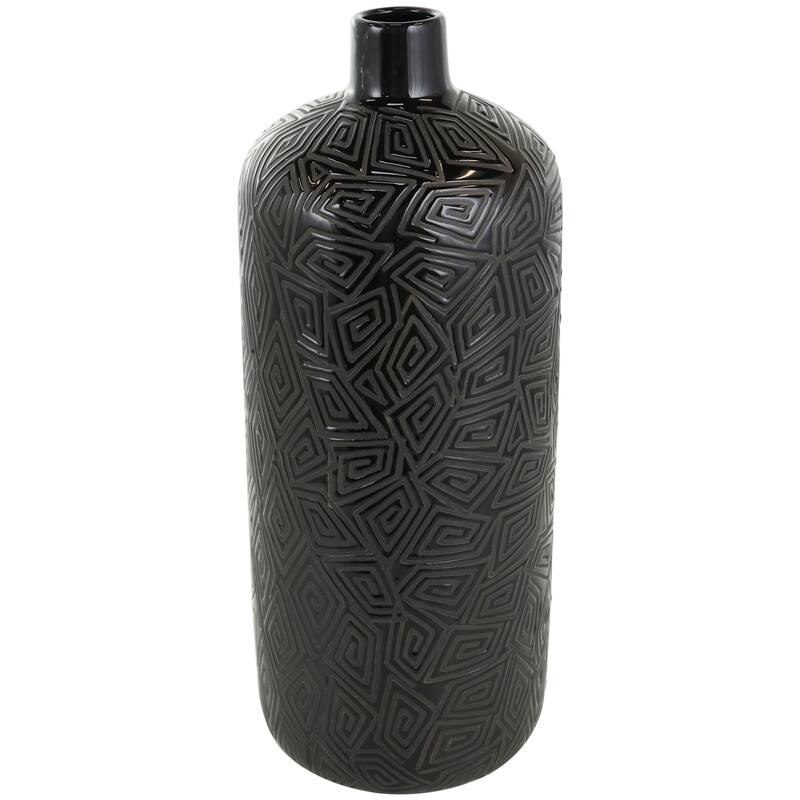 Black Ceramic Vase with Geometric Etchings