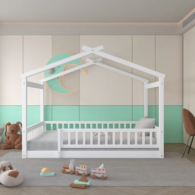 Full Size Wood House Bed Frame with Fence, Playhouse-Inspired Design