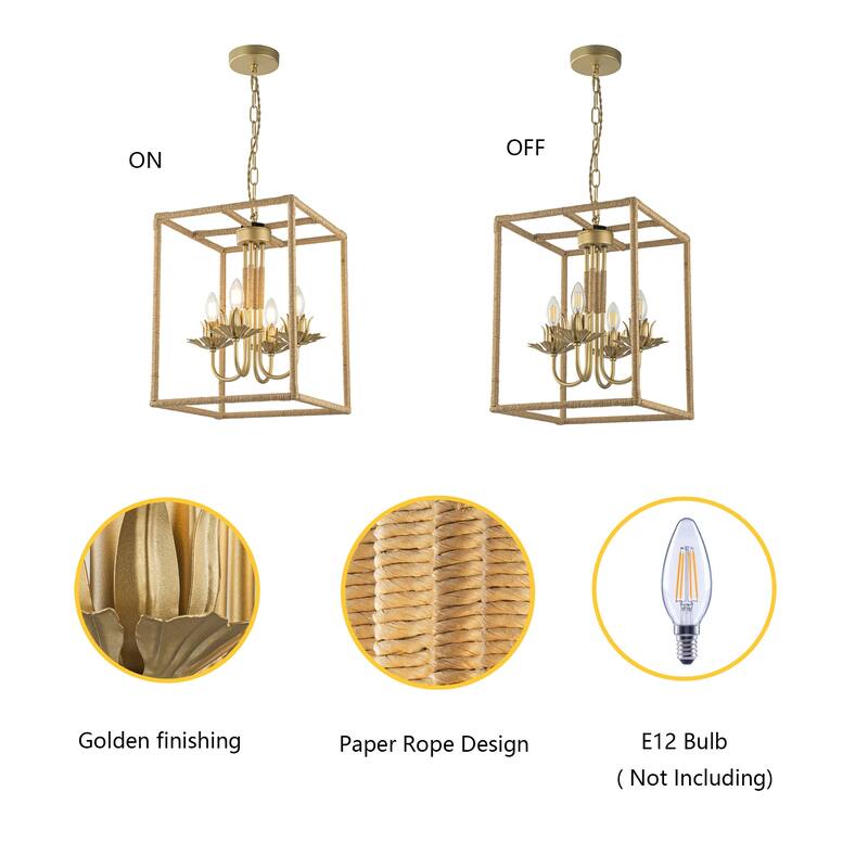 Mila 4-Light Gold Woven Rattan Chandelier - 13 In. Wide