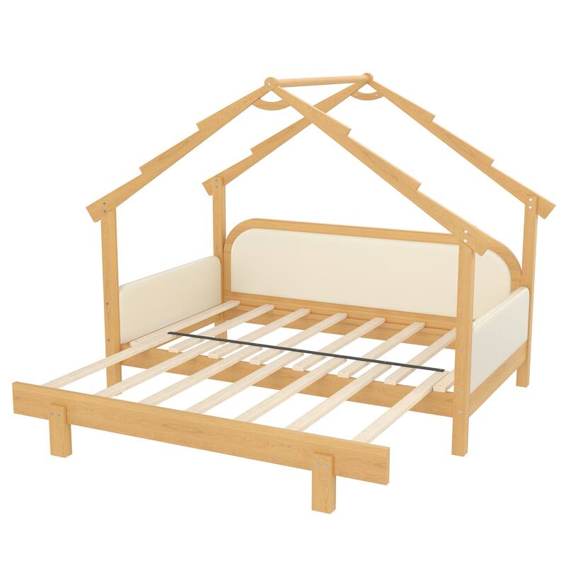 Children's Treehouse Bed Twin Size Solid Wood Kids Bed Frame Adjustable Platform Bed with Padded Safety Rails for Girls, Boys