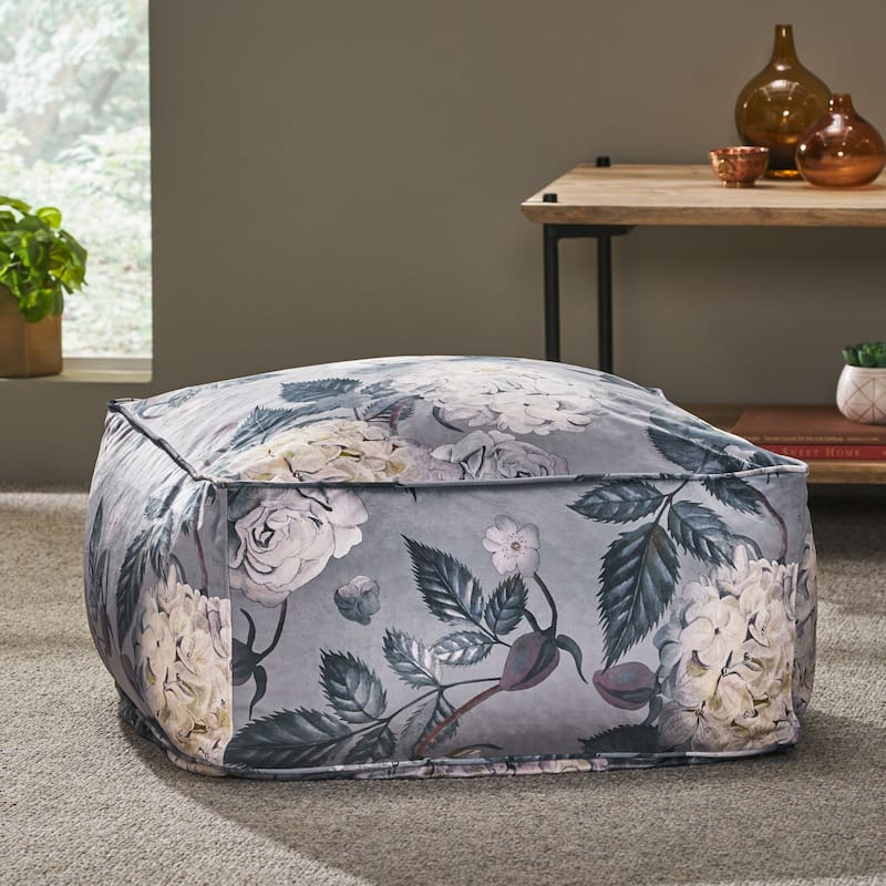 Reigle Traditional Medium Fabric Flower Print Cube Pouf by Christopher Knight Home - 24.00" L x 24.00" W x 12.00" H - Flower Print on Gray