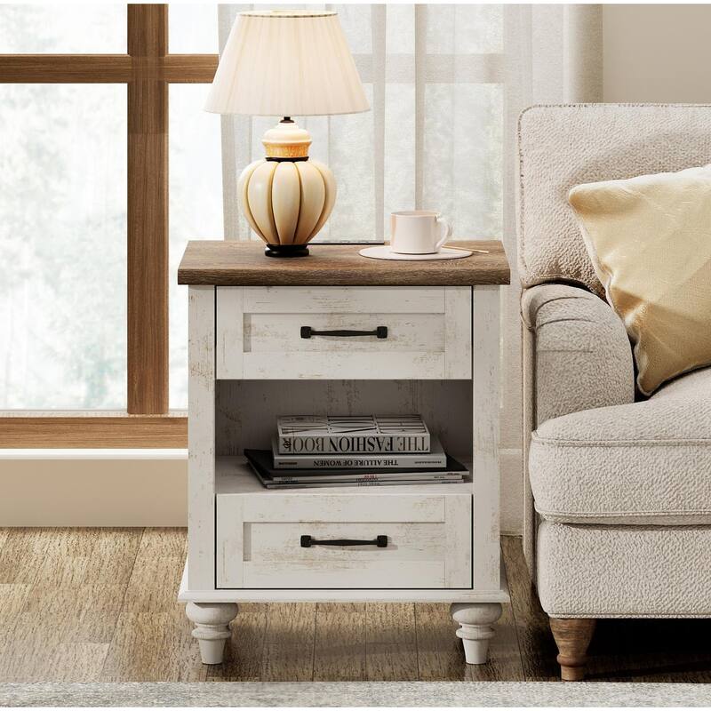 Farmhouse Nightstand Bedside Table, Wood 2-Drawer Side Table
