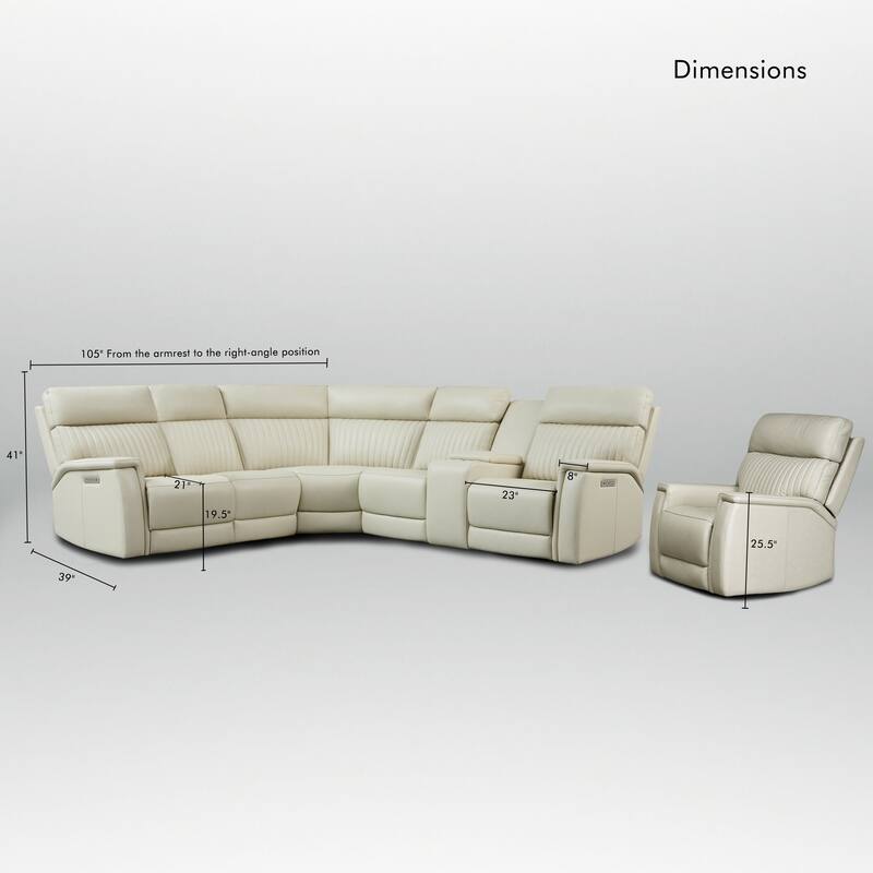 105" W Genuine Leather Power Sectional with Recliner Sofa Set with Single Console, USB&USB-C Ports, 1 Power ArmlessChair