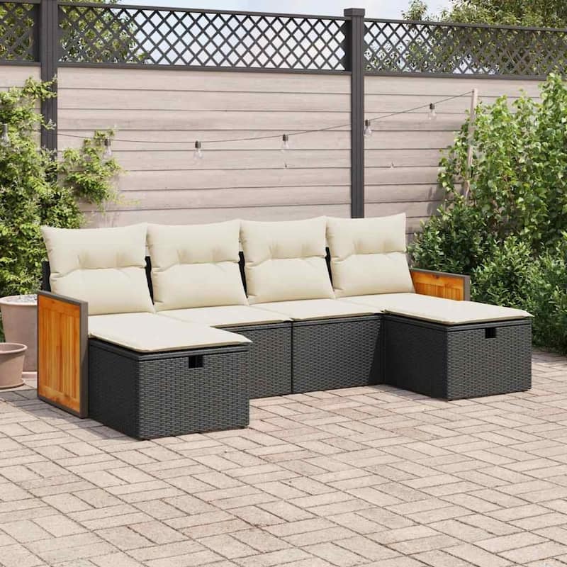 vidaXL Patio Sofa Set with Cushions Outdoor Furniture 6 Piece Poly Rattan - Black and cream with storage - 21.7 x 21.7 x 14.6 in