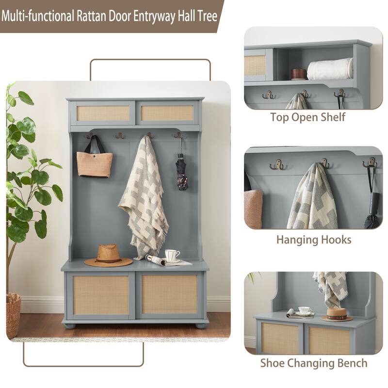 Casual Style Hall Tree Entryway Bench with Rattan Door Shelves and Shoe Cabinets, SOLID WOOD Feet