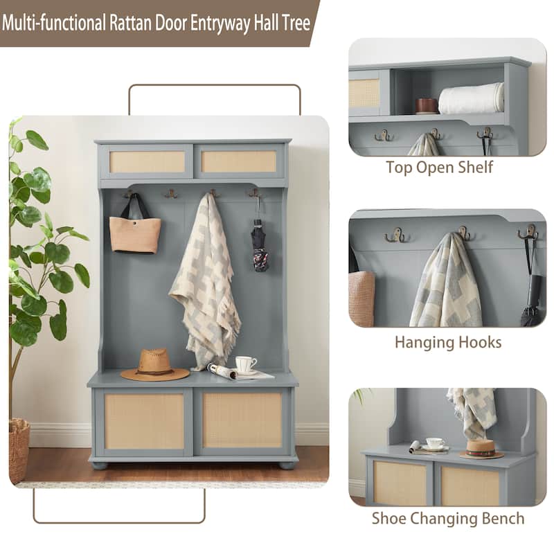 Entryway Coat Rack Bench Storage Bench with Rattan Door Shelves, Rustic Hallway Hall Tree Indoor Bench with Cabinet