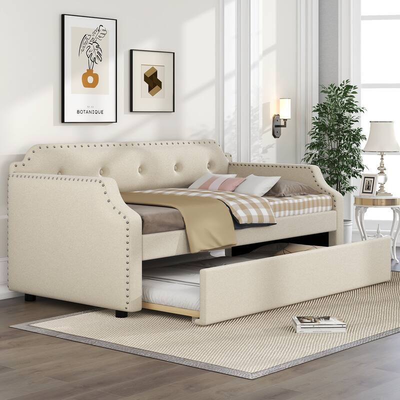 Twin Size Upholstered Sofa Daybed with Trundle, Wood Slat Support, Linen Frame, Perfect for Small Living Spaces and Guest Rooms