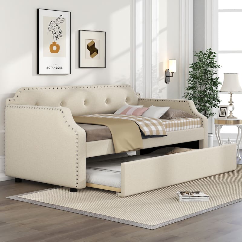 Upholstered Daybed With Trundle, Wood Slat Support,Upholstered Frame Sofa Bed