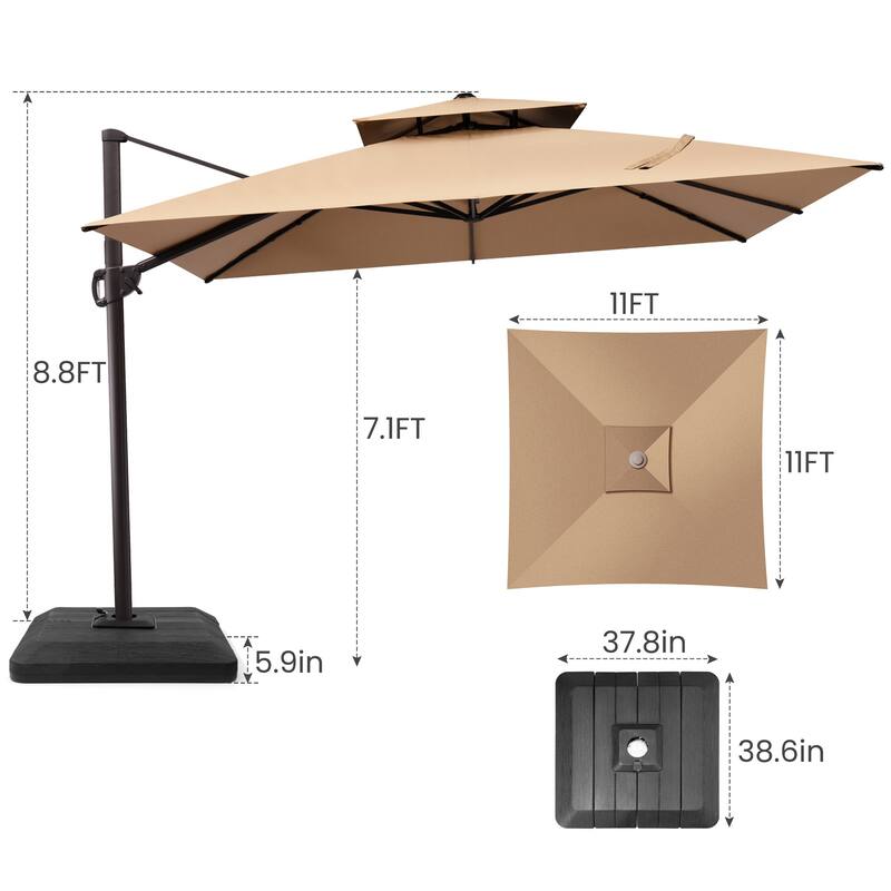 11 x 11 FT Outdoor Patio Cantilever Umbrella 360 Degrees Rotation and Base Stand