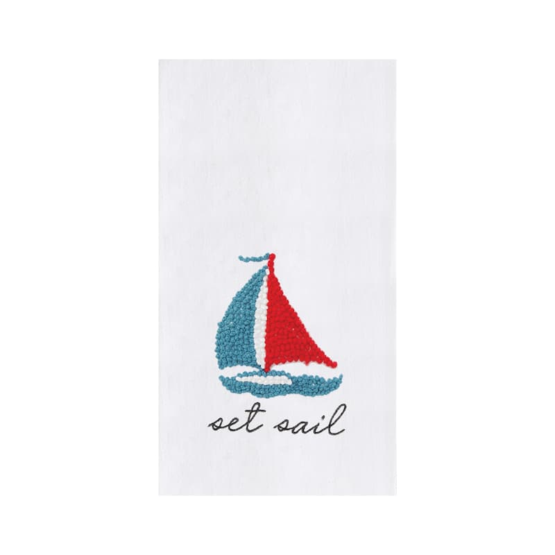 Sailboat French Knot Flour Sack Kitchen Towel - White