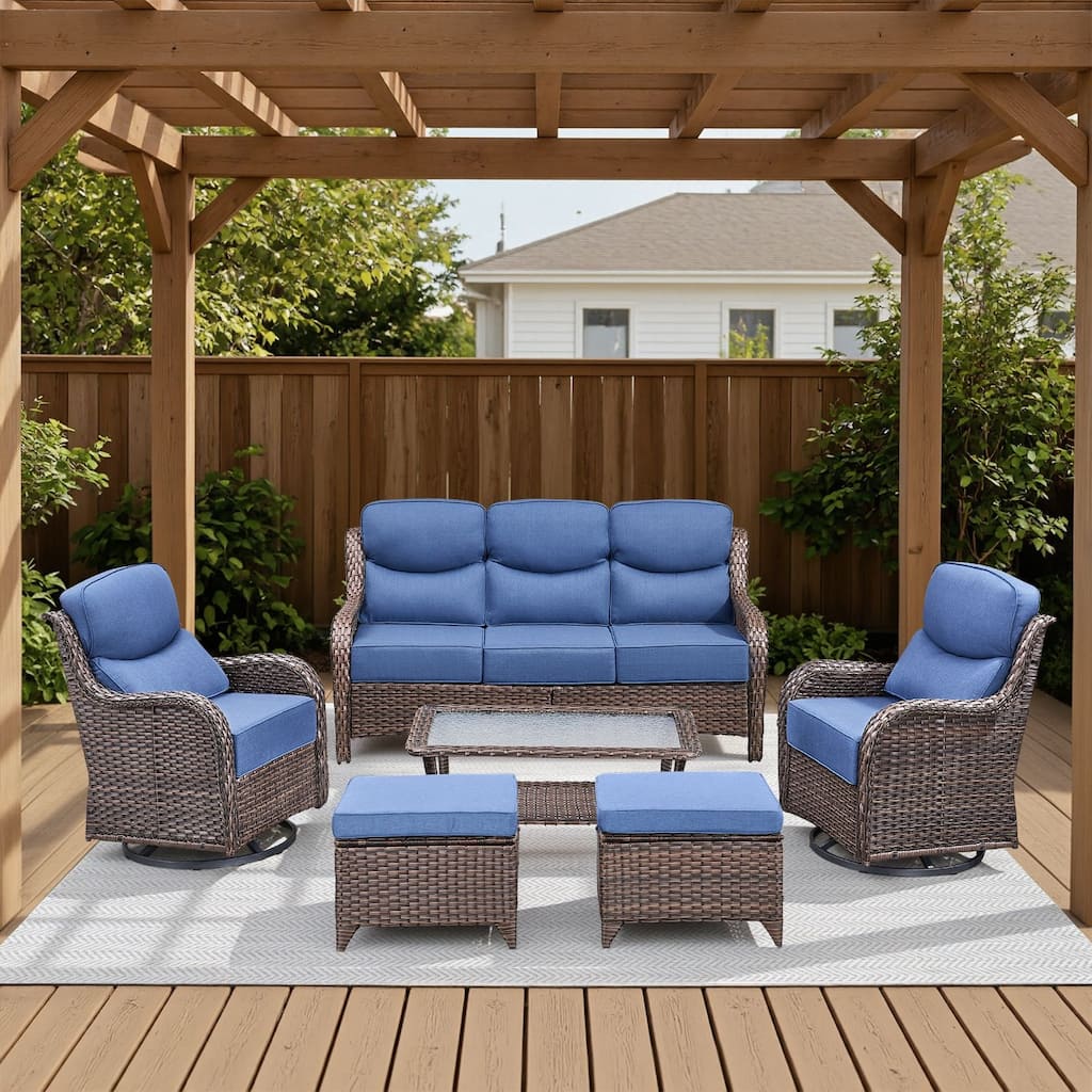 Arcadia 6-Piece Wicker Patio Conversation Set with Swivel Gliders and 6-Inch Thick Olefin Cushions