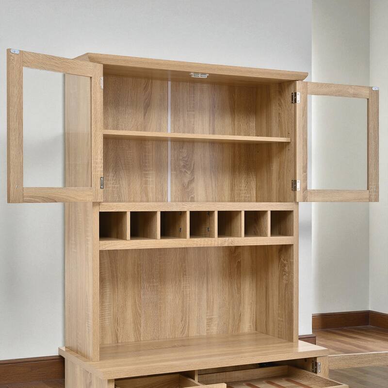 Farmhouse 35" Freestanding Buffet with Hutch, Tall Kitchen Pantry Cabinet with Wine Rack, Drawer, and Adjustable Shelves