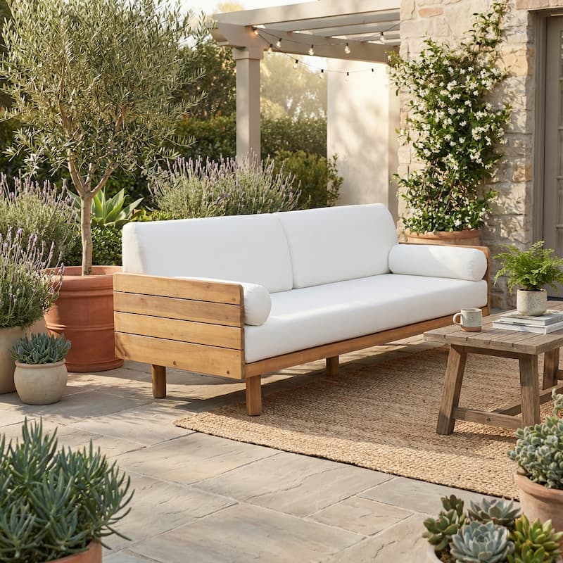 Christopher Knight Home - Mid-Century Acacia Wood Outdoor 3-Seater Patio Sofa with Water-Resistant Cushions and Bolster Pillows