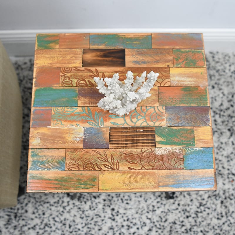 Greenage Reclaimed Wood Carving End Table Living Room Night Stand