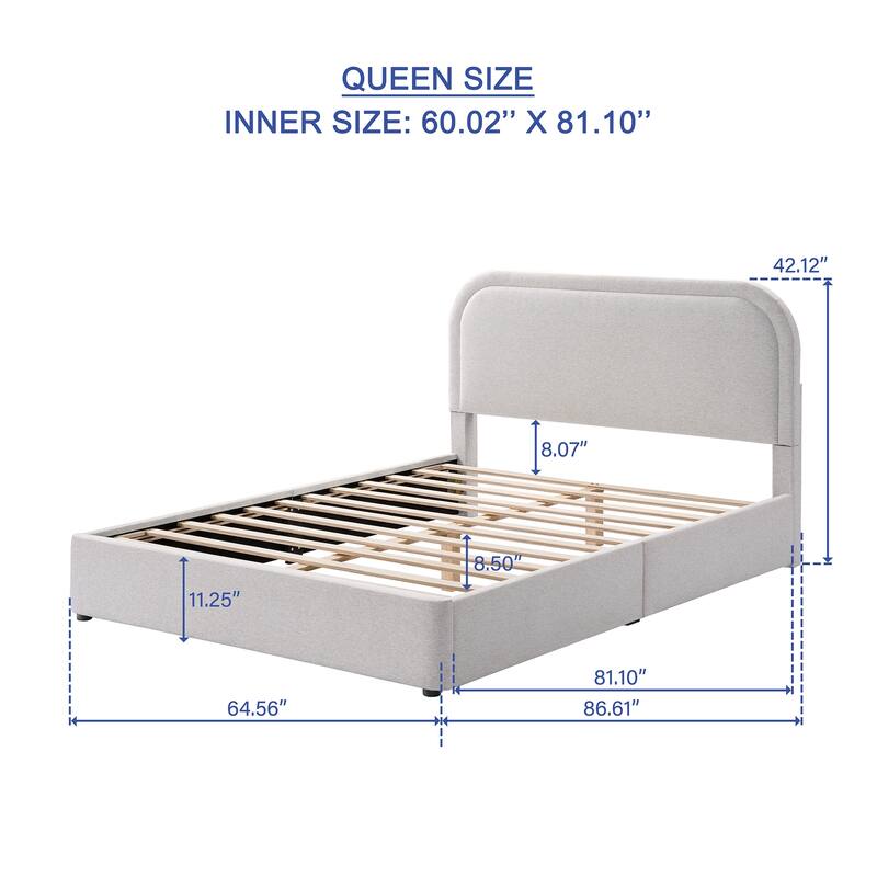 Queen Size Upholstered Bed Frame Platform Bed with Curved Headboard for Master Bedroom Guest Room