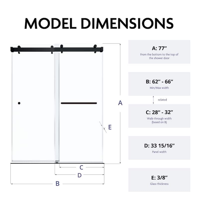 SP Series 62" - 66" W x 77" H Contemporary Frameless Double Sliding Shower Door with 3/8" Clear Tempered Glass