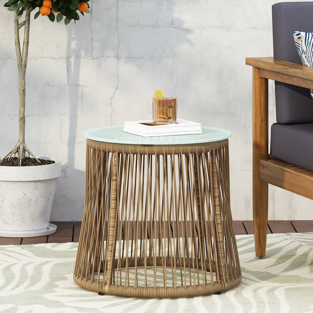 Russell Outdoor Wicker Side Table with Glass Top by Christopher Knight Home - 18.75" L x 18.75" W x 16.25" H