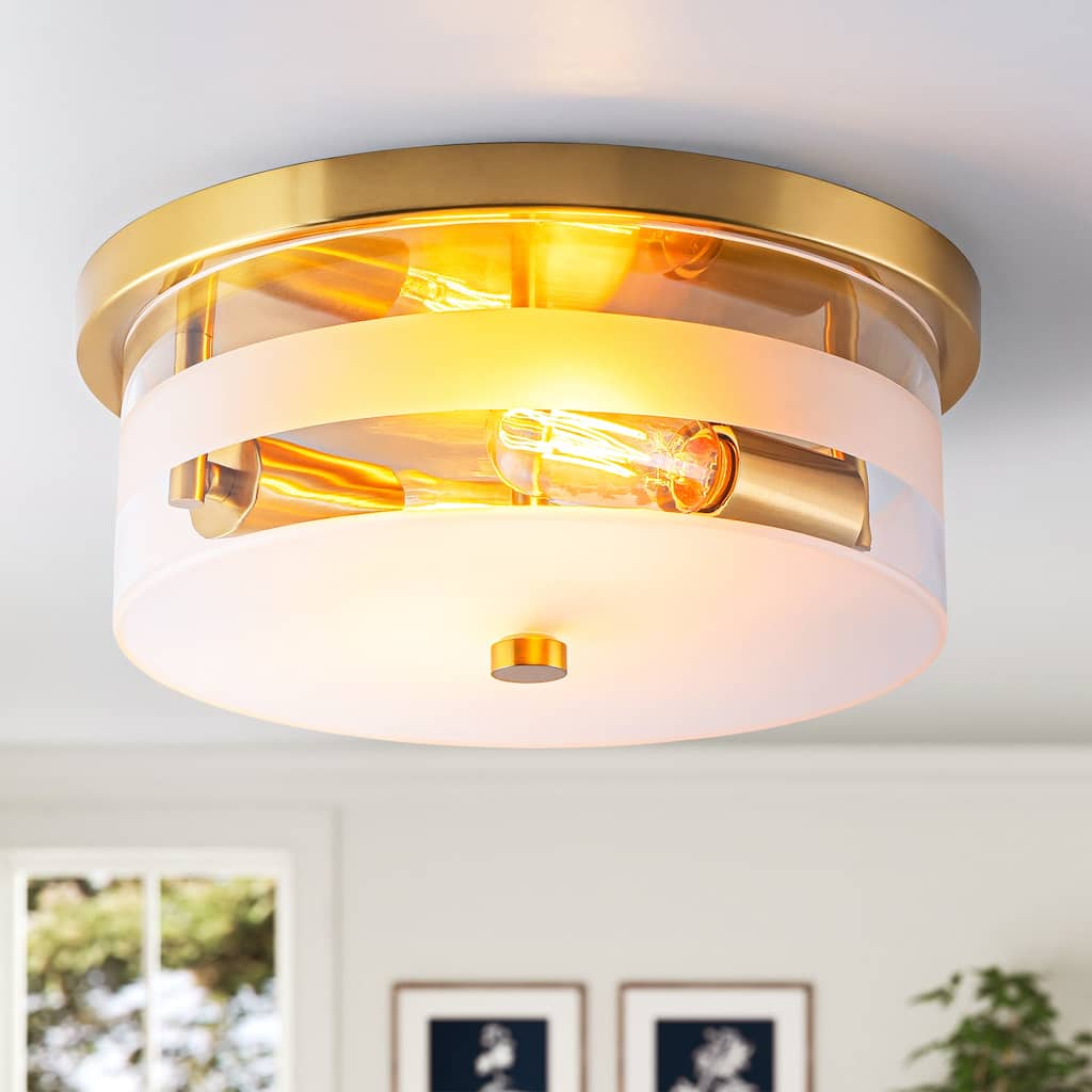 2-Light Modern Industrial Glass & Bronze Metal Ring Ceiling Light for Living Room - 2 Light