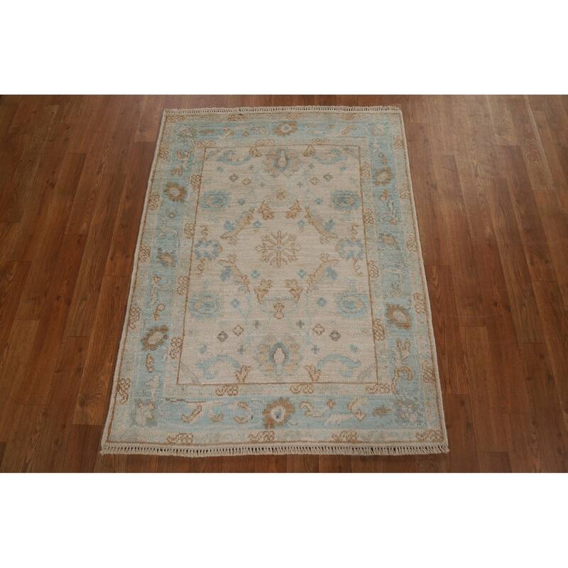 Hand Knotted Oriental 100% Wool Carpet Transitional Geometric Beige & Ivories Oushak Area Rug - 3' 11'' X 2' 11''