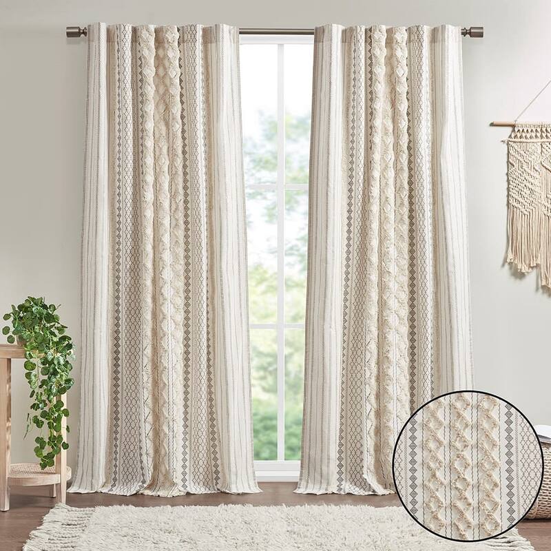 1-Panel 50"W Cotton Geometric Print Curtain Panel with Chenille Stripe - 50"W x 84"L - Ivory