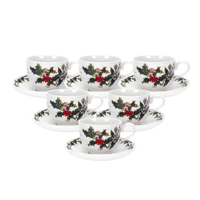 Portmeirion Set of 6 Christmas The Holly and Ivy Teacups and Saucers - 6.7 oz - 6.7 oz