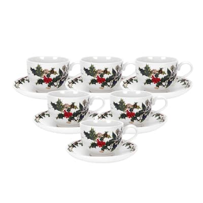 Portmeirion Set of 6 Christmas The Holly and Ivy Teacups and Saucers - 6.7 oz