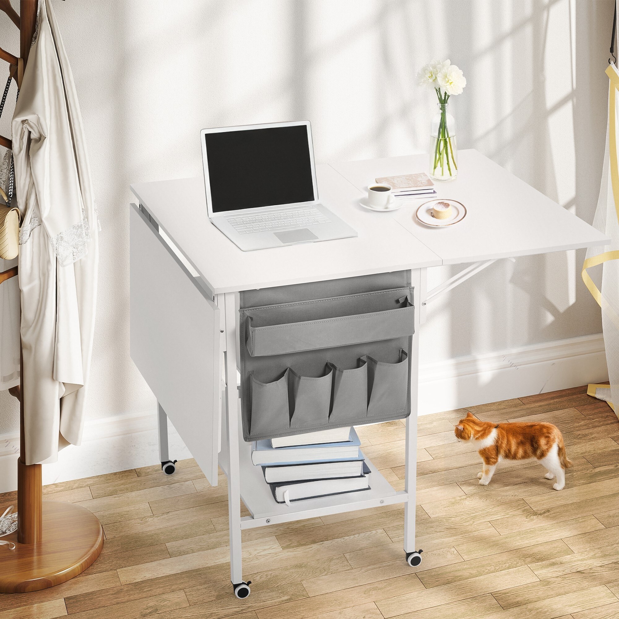 Height Adjustable Craft Table with Storage Shelves Mobile Folding Cutting Table for Home Office Sewing Room Craft Room
