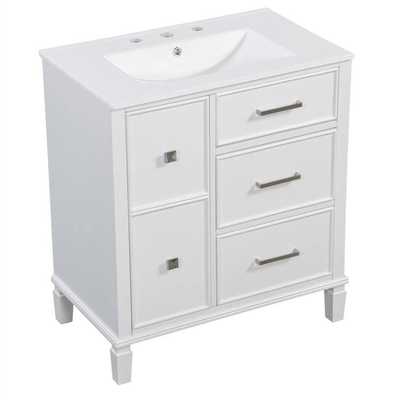 30'' Bathroom Vanity with Ceramic Sink, Freestanding Bathroom Vanity Cabinet with 3 Soft Close Drawers and 1 Flip-Out Drawer