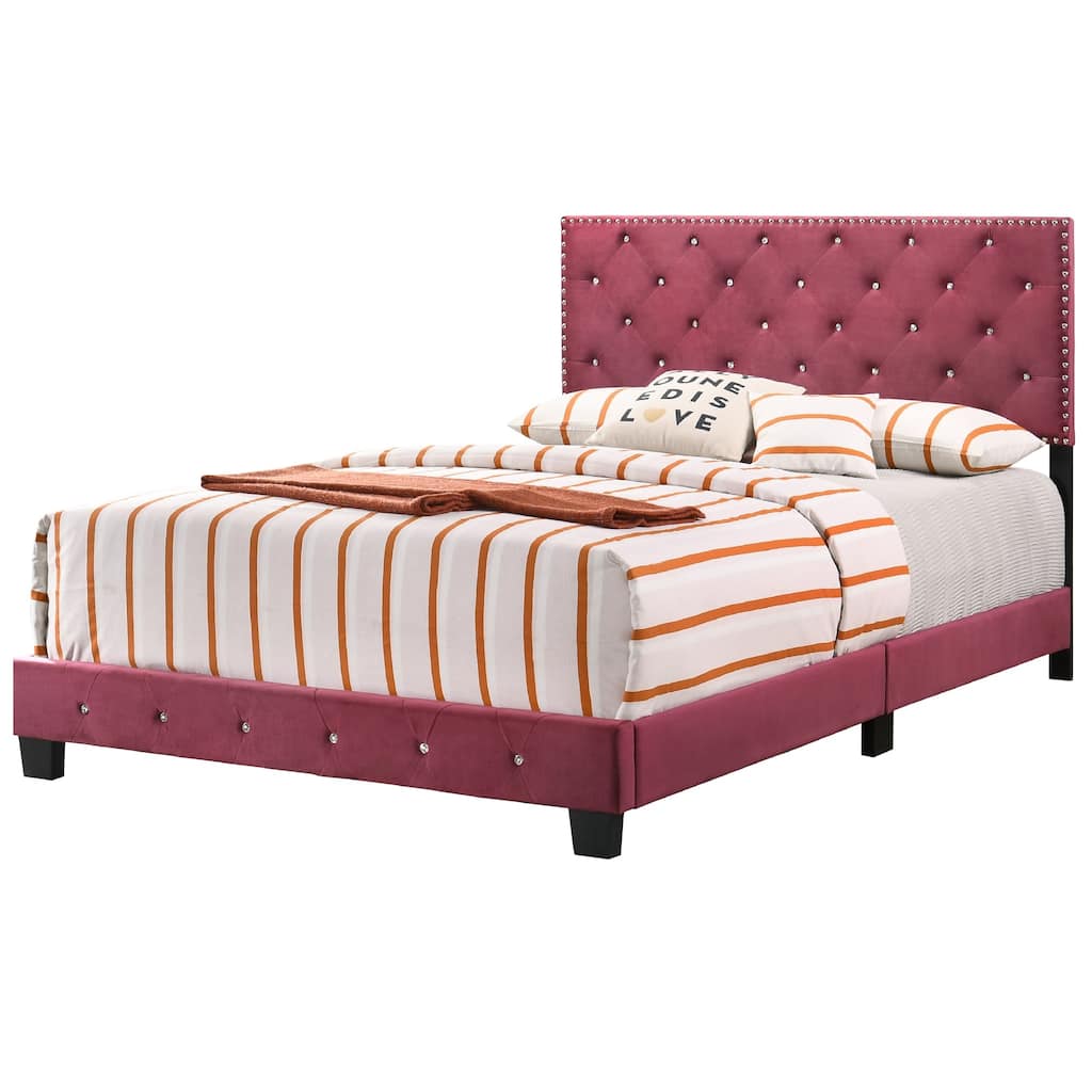 Full Tufted Faux Jewel Velvet Upholstered Panel Bed - 77" - Red