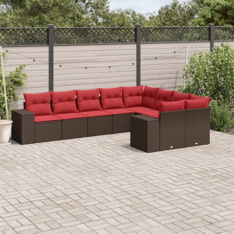 vidaXL 9/10 Piece Patio Sofa Set with Cushions Black/Brown/Gray Poly Rattan - 24.4 x 24.4 x 27.2