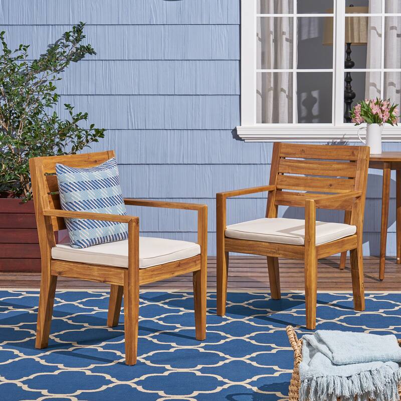 Roomfitters Outdoor Acacia Wood Dining Chairs Set of 2 with Slatted Back and Cushions