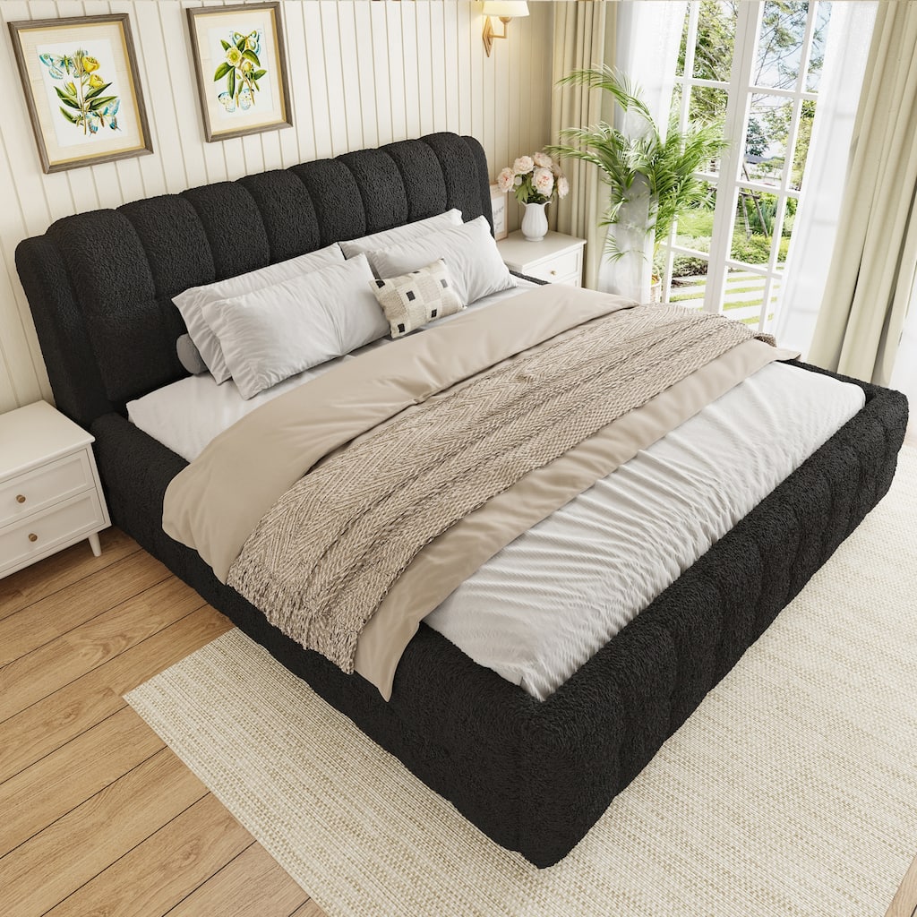 Upholstered Platform Bed with Thick Wingback Headboard and Wood Slat Support