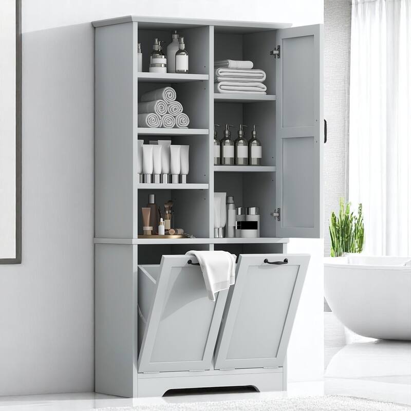 Bathroom Storage Cabinet with Tilt-Out Laundry Hampers, Adjustable Shelves & Door, Freestanding MDF Organizer