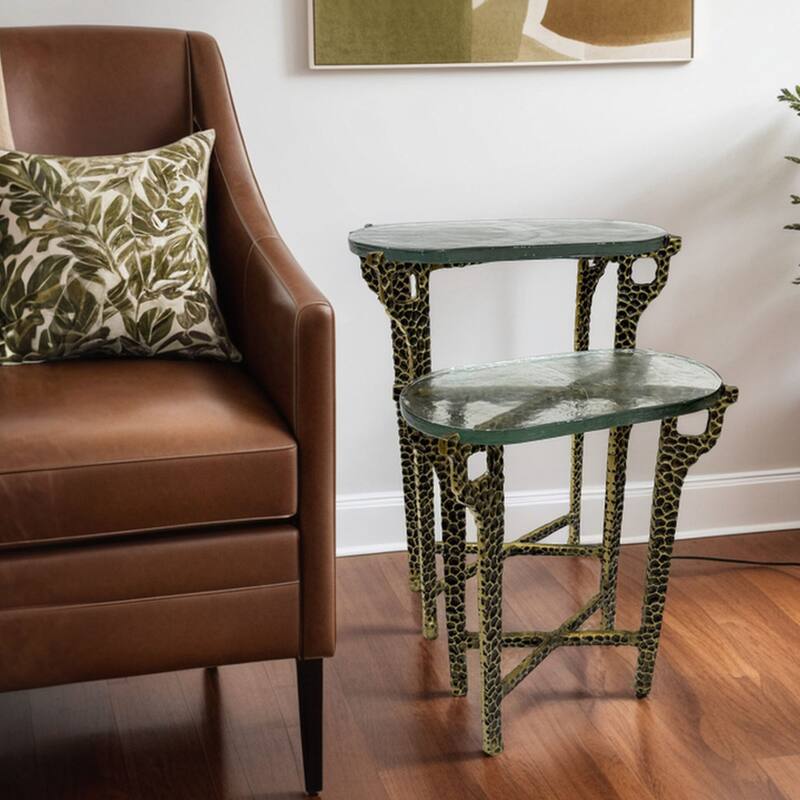 Ignis Nesting Table, 26" Recycled Glass & Hammered Brass Aluminum Set - Eco Friendly Accent Furniture for Living Room