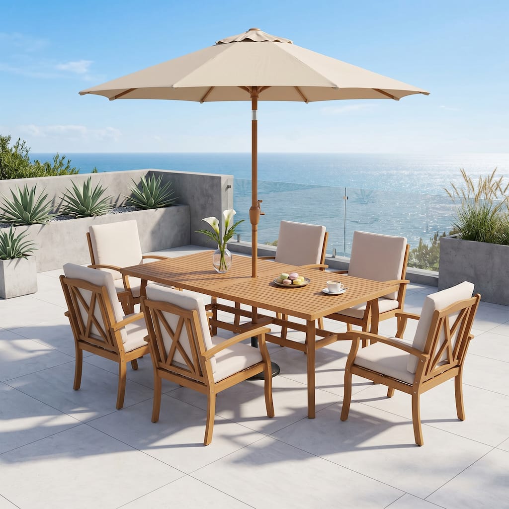 7-Piece Premium Eucalyptus Wood Outdoor Dining Furniture Set with Curved Leg Table & Umbrella Hole