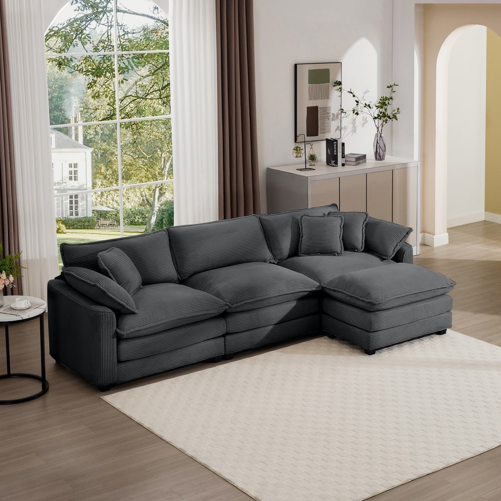 115" Corduroy Cloud Upholstered Modular L-Shaped Sectional Sofa with Removable Ottoman and Free Combination Design