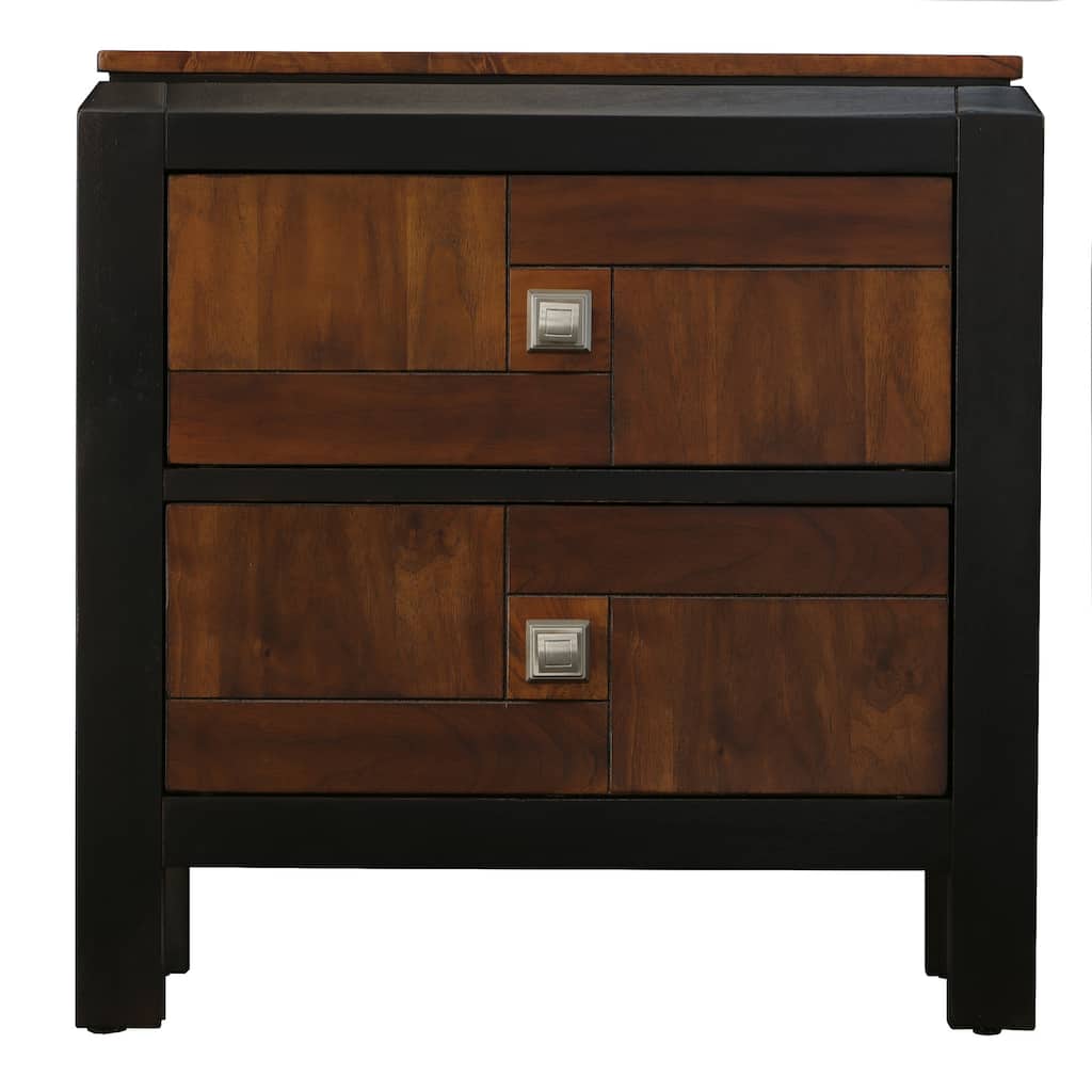 28 Inch Handcrafted Bedside Nightstand, 2 Drawers, Sleek Wood Pattern, Square Knobs, Walnut Brown
