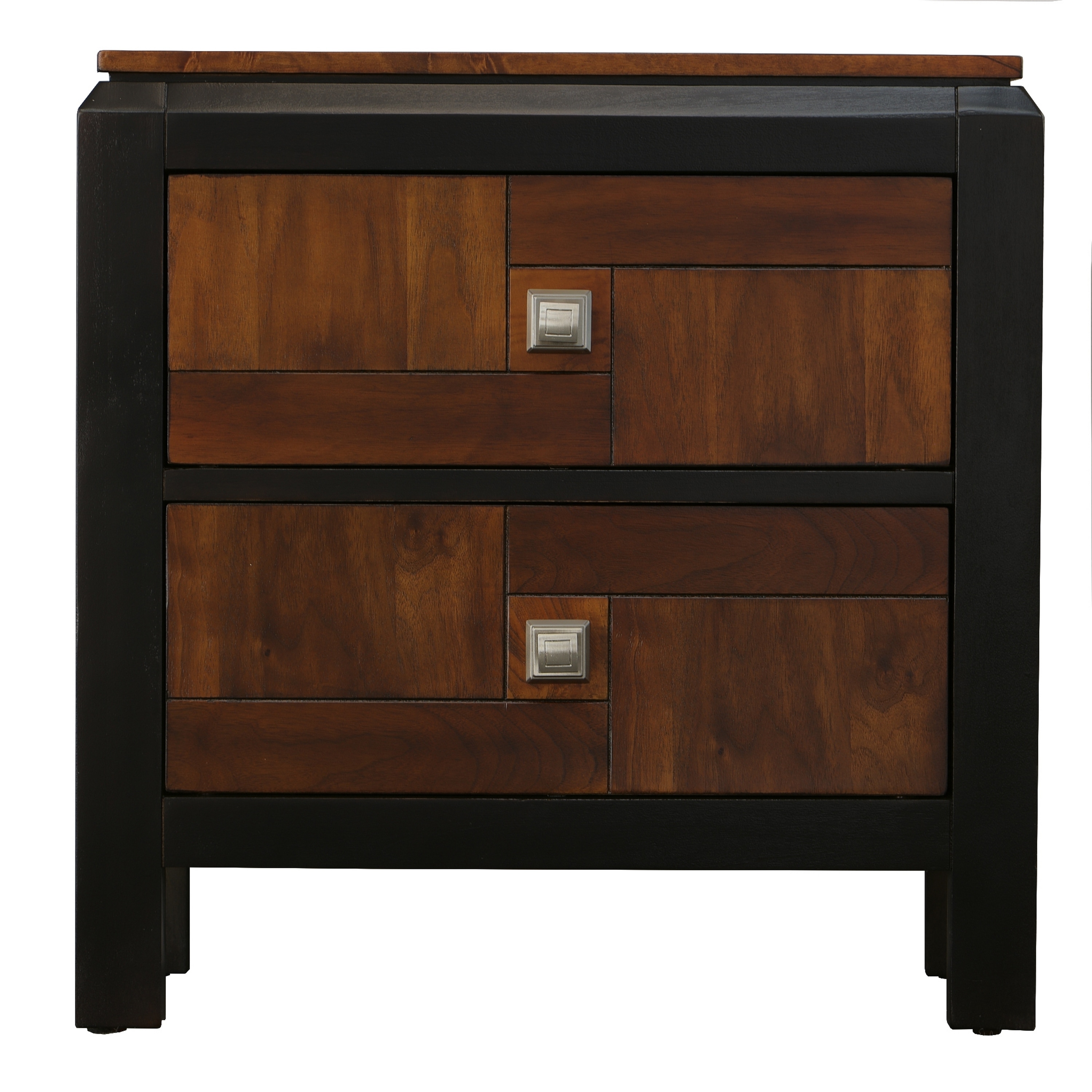 28 Inch Handcrafted Bedside Nightstand, 2 Drawers, Sleek Wood Pattern, Square Knobs, Walnut Brown