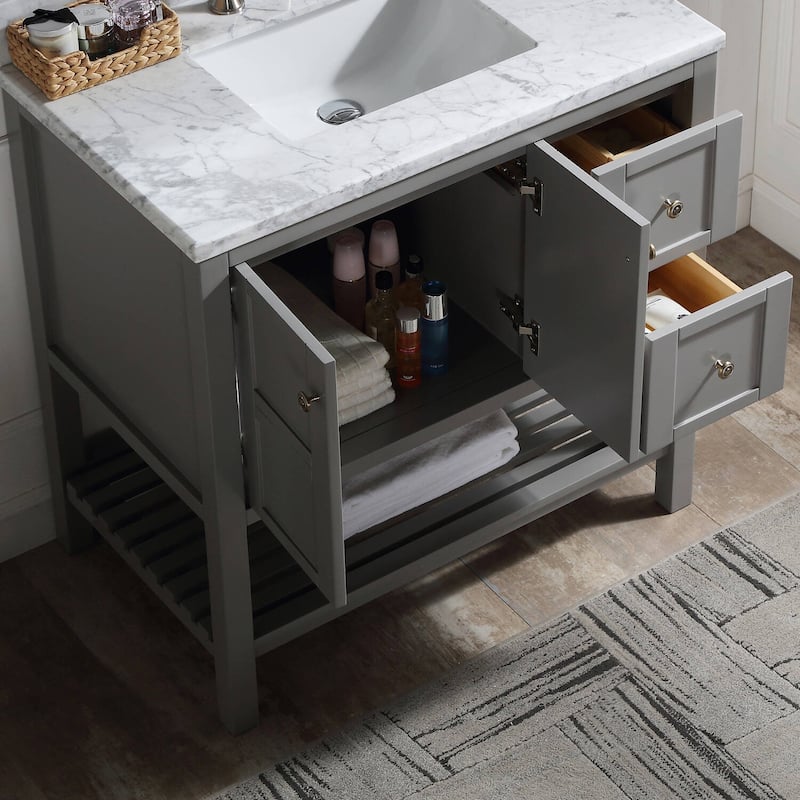 BATHLET Grey 36 inches Bathroom Vanity with Marble Top and Open Shelf